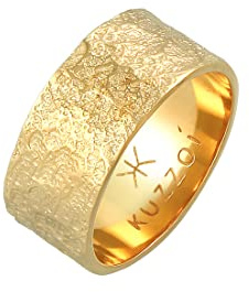 Kuzzoi Herrenring (9 mm) Massiv Handgeschmiedet, Bandring für Männer aus 925 Sterling Silber vergoldet, Goldener Silberring im Used Look, Ring mit rustikaler Struktur, Ringgröße 64, 0612152920_64
