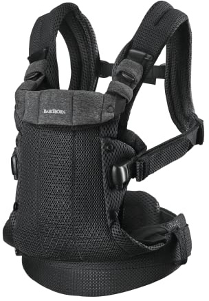 BabyBjörn Babytrage Harmony, Schwarz, 3D-Netzstoff | Ergonomische Babytrage für Neugeborene bis 3 Jahre (3,2 - 15kg), 4 Tragepositionen, Verstellbare Beinstellung, Weich & bequem