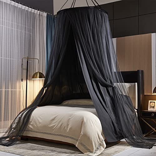 Kertnic Luxuriöses Betthimmel für Mädchen und Erwachsene, groß, elegant, doppellagig, Betthimmel, Vorhänge, runde Kuppelspitze, Prinzessinnen-Baldachin, Netz (schwarz)
