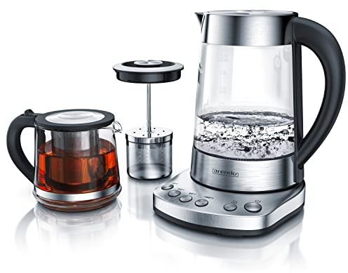 Arendo - Glas Wasserkocher mit Temperatureinstellung und Teesieb sowie Aufsatz - Türkischer Teekocher - Edelstahl - Temperaturen 70, 80, 100 Grad - 1,7 Liter - 2400 Watt - Abschaltautomatik