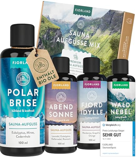 Fjorland Saunaaufguss Set BIO 4 x 100 ml Saunadüfte Geschenkset - Ätherische Saunaaufgüsse in hochwertiger Geschenkbox