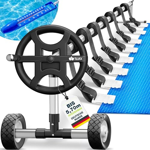 tillvex® Pool Aufroller Premium 3-5,70m inkl. Vollgummireifen & Thermometer | Aufrollsystem für Solarfolie + Bänder | Mobile Aufrollvorrichtung Runde & Eckige Pools Wetterfest für Solarplane & Abdeckung