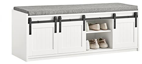 SoBuy Schuhbank mit Sitzfläche Sitzbank mit Stauraum Dielenbank mit Schiebetüren Schuhtruhe Sitzkommode Schuhregal schmal BHT ca.: 120x45x35cm, Weiß, Holzwerkstoff FSR133-W