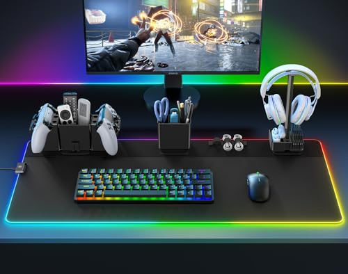KDD Gaming Mauspad XXL & LED Licht Modi Mousepad mit Magnetisch Organizer Set, Rutschfest Tischunterlage Schreibtisch für Controller & Headset Halter/Stifthalter/Kabel Organizer PC Zubehör(90x45cm)