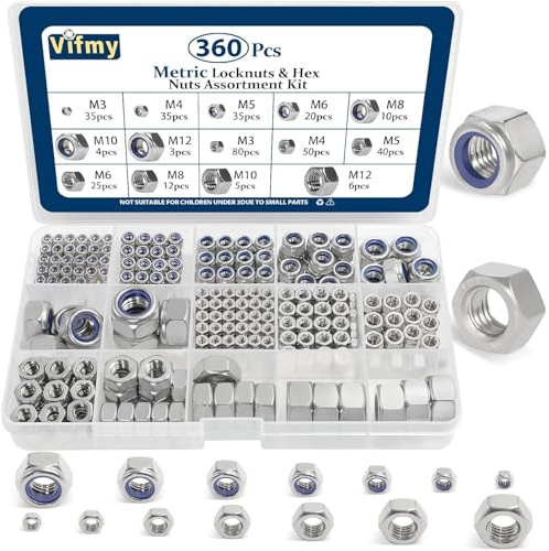 Vifmy Sortimentssatz für metrische Sechskantmuttern und Kontermuttern (360-teilig), M3, M4, M5, M6, M8, M10, M12, verschiedene Sechskantmuttern-Sets aus Edelstahl, helles Finish