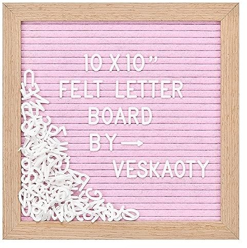 Filz-Buchstabenbrett mit 294 Buchstaben, Zahlen und Symbolen, 25,4 x 25,4 cm, austauschbares Nachrichtenbrett mit Holzrahmen, Wandhalterung, Rosa und Holz