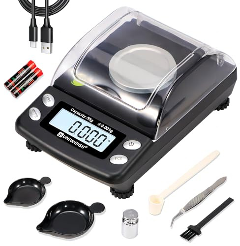 UNIWEIGH Digitale Milligramm-Skala, Feinwaage 0,001 g/50 g Präzisions-Waage | Mg Waage für Schmuck, Pulver, Gold, Edelsteine, Nachladungswaage, Mikrogramm-Skala mit 6 Einheiten, Tara,Taschenwaage mit USB