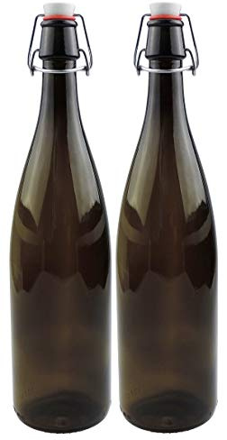 mikken 2 x braune Glasflasche 1 Liter mit Bügelverschluss aus Porzellan, inkl Etiketten