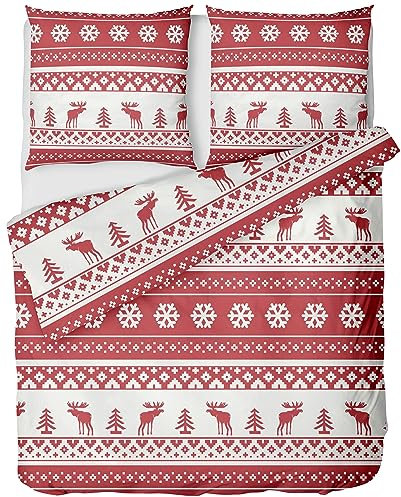 LINKHOFF Winter Flanell Bettwäsche 155x220 2 teilig - Fein-Biber Weihnachtsbettwäsche in Rot - Weihnachts Bettwäsche aus 100% Baumwolle - Winterbettwäsche Hirsch