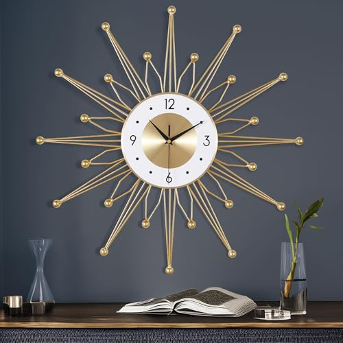 Lafocuse Gold Wanduhr Groß Metall, Kreative Design Lautlos Wanduhr Modern, Ohne Ticken Art Deko für Wohnzimmer Schlafzimmer Küche 56cm