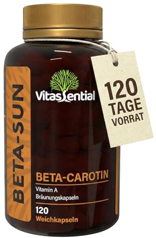 Vitassential Beta-Carotin - Hochdosiert Bräunungskapseln – Vitamin A Vorstufe für Natürliche, Langanhaltende Bräune, Haut, Sehkraft & Immunsystem - 120 Kapseln