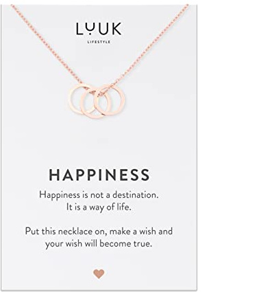 LUUK LIFESTYLE Halskette mit Ringen Anhänger und HAPPINESS Spruchkarte, Edelstahl, Geschenkidee für Frauen, dezenter Stil, Freundschaftskette, Rosa