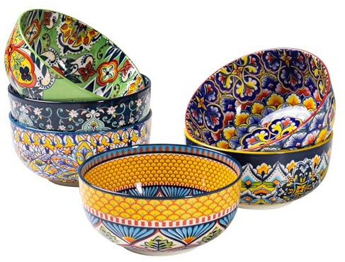 HENXFEN LEAD Müslischalen aus Porzellan, 6 Stück 850ml Suppenschalen für Müsli, Suppe, Salat und Nudeln, usw. Bohemian-Floral-Design in 6 kräftigen Farben