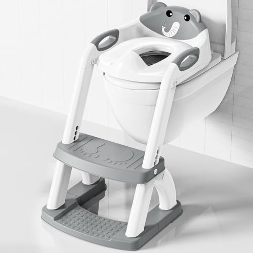 Toilettensitz Kinder mit Treppe, Höhenverstellbar Faltbarer 2-in-1 Toilettensitz Kinder mit Gepolstertem Sitz, Spritz- und Stabilen Rutschfester Tritt, Toilettenaufsatz für Kinder ab 1-7 jahre