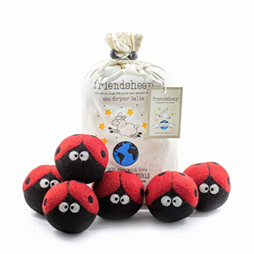 Friendsheep Trocknerbälle aus Wolle, 6 Stück, XL, Bio-Premium, wiederverwendbar, tierversuchsfrei, handgefertigt, Fair-Trade, fusselfrei, Weichspüler, Marienkäfer – Wäschekäfer