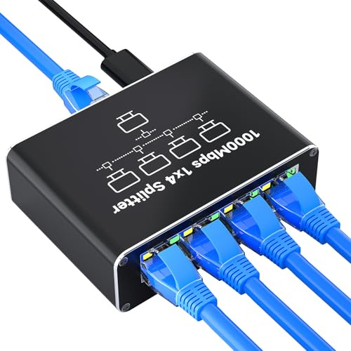 NEUTYPECHIC LAN Splitter 1 auf 4, 1000Mbps Gigabit Ethernet Splitter LAN Switch 4 Port, RJ45 Netzwerk-Switches mit Type-C für Computer, Laptop, Switch, Router, Netzwerksteckdose, TV-Box, et
