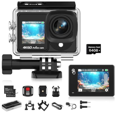TIMNUT Touchscreen 4K60FPS Action Cam mit 64G Karte, 40M Unterwasserkamera 48MP HD WiFi Kamera mit EIS 8X Zoom Wasserdicht Actionkameras Weitwinkel Sportkamera mit 2 * 1350 mAh Akkus