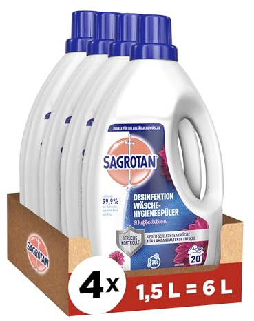 Sagrotan Wäsche-Hygienespüler Duftedition – Desinfektionsspüler für hygienisch saubere und frische Wäsche – 4 x 1,5 l Reiniger