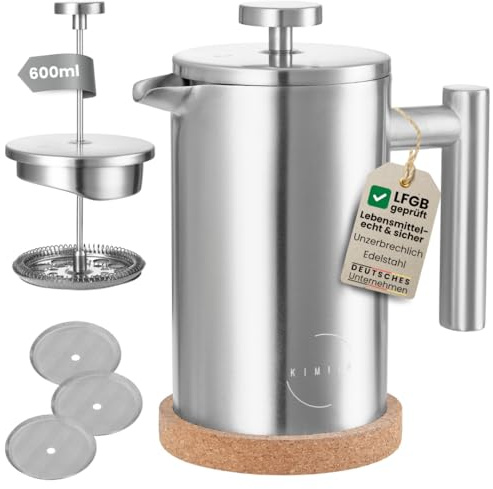 KIMIJO French Press Edelstahl 600ml I Thermo Kaffeebereiter isoliert I Doppelwandig incl. 3 Ersatzfilter & Korkuntersetzer I Spülmaschinenfest I Stempelkanne matt gebürstet