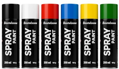 SÜDOR Sprayfarben-Set 6 Farben je 200 ml. Schnelltrocknende Graffiti-Farben. Sprühdose Spraydose. Grundfarben Schwarz Weiß Blau Grün Rot Gelb. Sprühfarben für Holz, Stein, Wand, Metall, Glas, Keramik