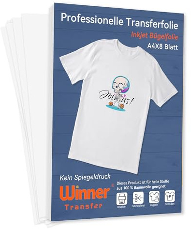 WinnerTransfer Professionelle Inkjet Transferfolien Für helle Stoffe A4X8 | Bügelfolie für T- Shirts,Textilienfolie,Transferpapier,Bügelpapier für Bügeleisen und Hitzepresse