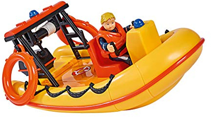 Simba 109251047 - Feuerwehrmann Sam Neptune Boot, mit Penny Figur im Tauchoutfit, mit Geheimfach und mechanischer Seilwinde, schwimmt auf dem Wasser, 20cm, für Kinder ab 3 Jahren, Gelb, Orange