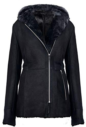 Infinity Leather Eleganter Schwarzer Snowtip Kapuzenmantel aus Wildleder mit Lammfell und Merinowolle für Damen