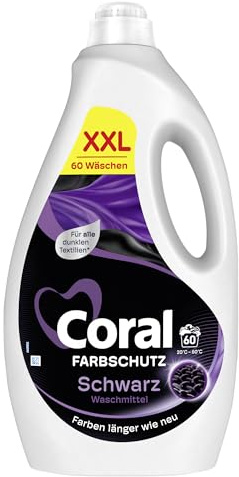 Coral Farbschutz Schwarz Waschmittel XXL 60 WL | Dunkle Textilien, länger strahlende Farben, frischer Wäscheduft, pflegt die Textilfasern, 60 WL, Flüssigwaschmittel