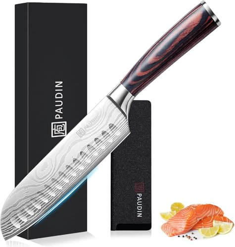 PAUDIN Santokumesser, Klingenlänge17 cm Kochmesser aus deutschem Messerstahl, Sushi Messer Küchenmesser mit ergonomischem Griff für Haus und Restaurant