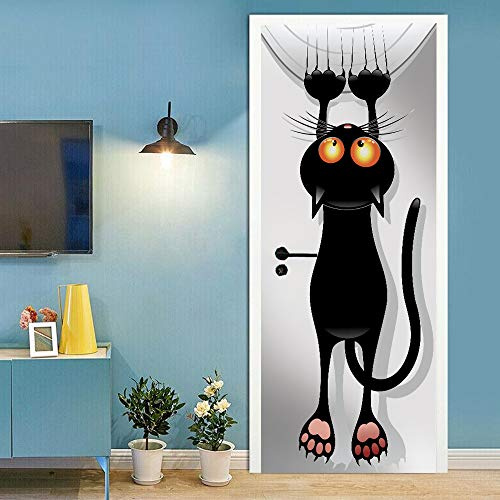 Yelilad Türtapete Selbstklebend TürPoster Türaufkleber 3D Wohnzimmer Schlafzimmer Badezimmer Wasserdicht Abnehmbare Professionelle Vinyl Upgrade, Tier Lustige Nette Schwarze Katze 90x200 cm