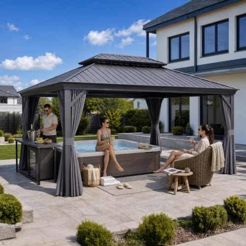 PURPLE LEAF Pavillon 3.65 x 4.85 m Entwässerungssystem Alu Rahmen, Grau | Regenrinne, Sichtschutzvorhänge, Insektensicheres Netzgewebe, Verbreiterte Alu-Säule, Hardtop-Dach, Schneelast 1134 kg