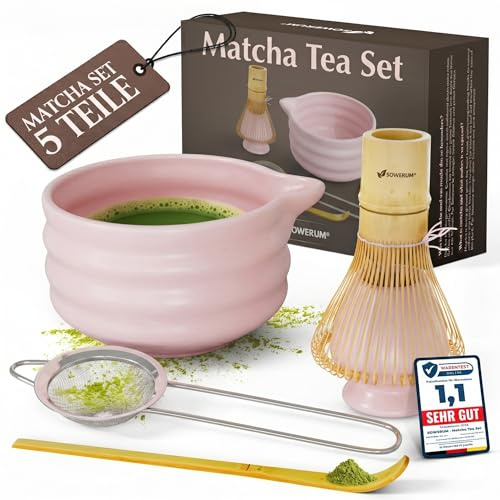 Matcha Set Rosa 5-teilig [TESTSIEGER] Schale mit Ausgießer und extra robustem Matchabesen Macha Tea Set für Starter aus Keramik, Matcha Besen, Bambus Löffel, Chasen,Whisk, Matcha Bowl, Matchaset