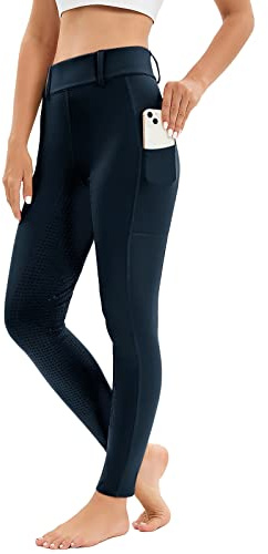 Reitleggings Damen Vollbesatz mit Handytasche, High Waist Reithose Damen Mädchen Stretch mit Gürtelschlaufen