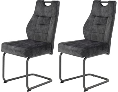 Hela Tische, 2er Set Esszimmerstuhl Schwingstuhl Linda, Mikrofaser Anthrazit, Rundrohgestell grau, Komfortsitz Federkorb, 140kg belastbar