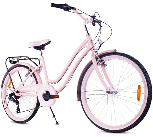 sun baby Mädchenfahrrad 24 Zoll Heart Bike Rosa, Kinderfahrrad für 8-12 jährige Mädchen mit 7-Gang, Gepäckträger, Metallkotflügel, V-Brake, Kettenschutz
