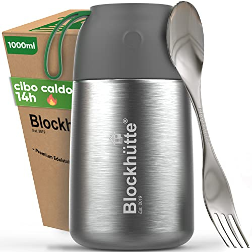 Blockhütte Thermobehälter für Essen 1 Liter Edelstahl, Warmhaltebehälter Essen mit Reinigungsbürste, Warmhalteschüssel mit Doppelwandiger Isolierung, Thermo Lunchbox Erwachsene