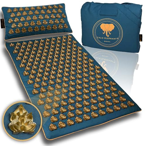 CALM ELEPHANT ORIGINAL® Akupressurmatte mit Kissen (Wärmefunktion) EXTRA INTENSIV für Fortgeschrittene - MANDALA PRO ECO, 3-teilig, Massagematte Rücken, Verspannungen lösen, Akupunktur Matte, blau