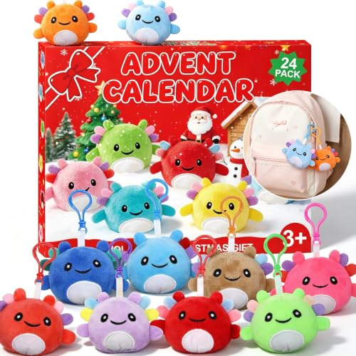 Axolotl Adventskalender 2026, 24 Mini-Plüschtiere, 24 Farben | Schwarze Aufhängeöse, weich, Adventskalender für Weihnachten, für Mädchen und Jungen, Geschenk für Axolotl-Fans