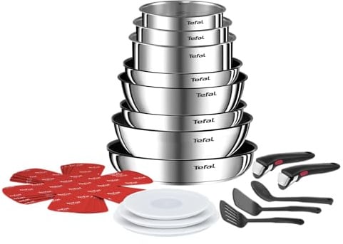 Tefal Ingenio Emotion 20-tlg. Topf und Pfannenset abnehmbarer Griff, mit Zubehör, stapelbar, platzsparend, Topfset Induktion Titanium 2X Antihaftversiegelung, einfache Handhabung und Reinigung, L897SK