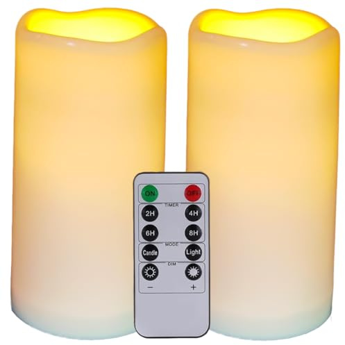 HjingChen 2 Stück Wasserdichte flammenlose Led Kerzen mit Fernbedienung und Timer,Outdoor-Batterie Betriebene LED Kerzen flackernde elektrische Säulenkerzen für Camping, Hochzeiten,Home Deco
