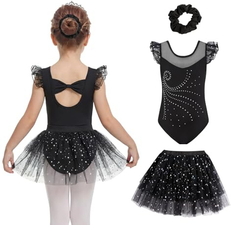 JiAmy Mädchen Ballettbekleidung Rüschenärmel Ballettkleid Kinder Ballett Outfit Tanzkleid Ballerina Kleid mit Rock Tütü für 9-10 Jahre,Schwarz