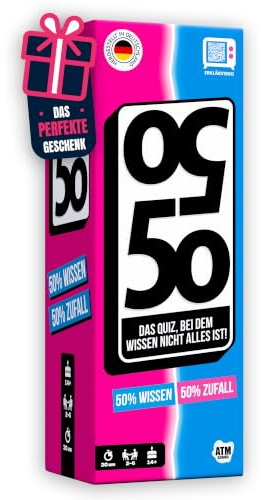 ATM Gaming 5050-50% Wissen, 50% Zufall- Das lustige Quizspiel - Kartenspiel für Jugendliche und Erwachsene - Schnell und Verrückt - 2 bis 6 Spieler - Kartenspiel ab 14 Jahren - Familienspiel