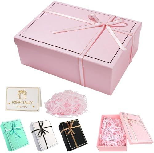 Rosa Geschenk Box mit Deckel, Geschenkbox 25 x 18 x 8,5 cm | Luxus Geschenkkarton mit Schleifen, Raffia, Grußkarten für Hochzeit, Geburtstag, Valentinstag, Weihnachten