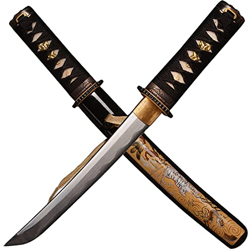 LQZJG Mini Katana Samurai Schwert Tanto Japanische Kleine Samurai Kurzschwert Gedruckt 1045 Medium Carbon Stahl Full Tang Hand Schmiedet Sharp 42 cm