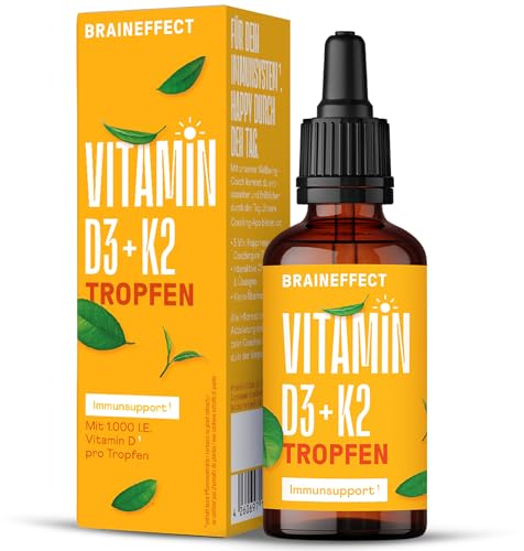 BRAINEFFECT Vitamin D3 K2 Tropfen – Hochdosiert, 500% Tagesbedarf | 17 Monatsvorrat pro Flasche. Unterstützt Knochen, Immunsystem & Wohlbefinden. Vegetarisch, Made in Germany.