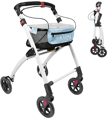 KMINA Rollator Schmal für Wohnung, Indoor Rollator Faltbar und Leicht mit Tablett, Mobilitätshilfe für Senioren aus Aluminium, Gehgestell mit Korb, Wendiger Wohnungsrollator - Modell PRO (Blau)