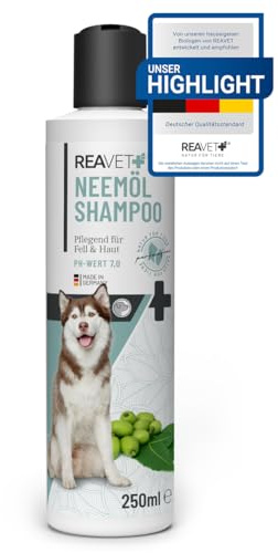 ReaVET Neemöl Shampoo für Hunde 250ml - Hundeshampoo gegen Juckreiz, Milben, Flöhe, Zecken, Hautfreundlich, Pflegend & leicht kämmbar, Fellpflege & Fellglanz, Angenehm im Geruch