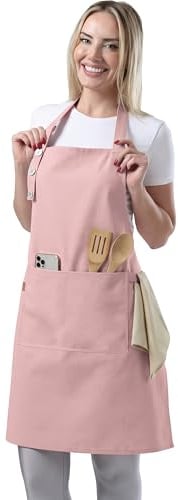 TOSHE Küchenschürze, wassertropfenresistent, Baumwollschürze mit verstellbaren Schürzen für Damen, mit Taschen, 10 Farboptionen, Kochschürze (Puderrosa)