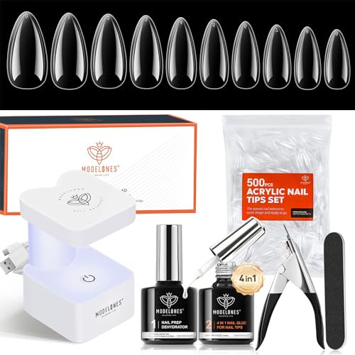 modelones Nageltips and Glue Gel Kit, 500 Pcs Full Cover Nail Tips Set, Nagelkleber & Primer für Gelnägel & Mini UV Licht Clipper, 10 Größen Medium Almond für Nagelverlängerung DIY Salon Geschenke