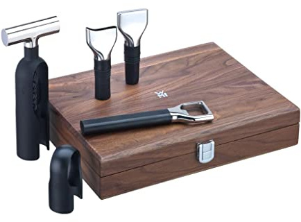WMF Baric Wein Sommelier Set 5-teilig, Wein Zubehör, Korkenzieher, Folienschneider, Flaschenverschluss, Weinausgießer, Flaschenöffner, in Walnussholzbox, schwarz